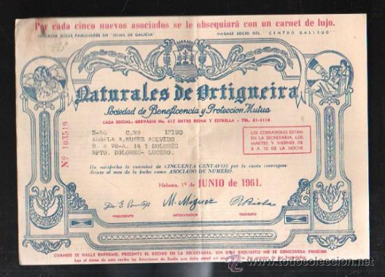 Coleccionismo: NATURALES DE ORTIGUEIRA. SOCIEDAD DE BENEFICIENCIA Y PROTECCION MUTUA. CORU&Ntilde;A. 1961. RECIBO MENSUAL