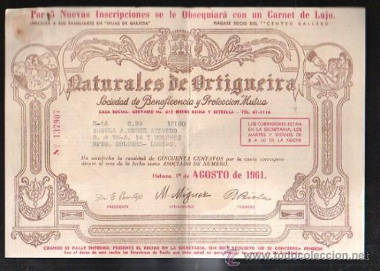 Coleccionismo: NATURALES DE ORTIGUEIRA. SOCIEDAD DE BENEFICIENCIA Y PROTECCION MUTUA. CORU&Ntilde;A. 1961. RECIBO MENSUAL