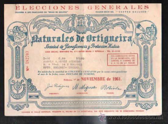 Coleccionismo: NATURALES DE ORTIGUEIRA. SOCIEDAD DE BENEFICIENCIA Y PROTECCION MUTUA. CORU&Ntilde;A. 1961. RECIBO MENSUAL