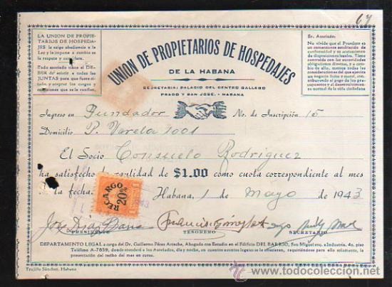 Coleccionismo: LA HABANA. UNION DE PROPIETARIOS DE HOSPEDAJES. 1943. RECIBO DE SOCIO