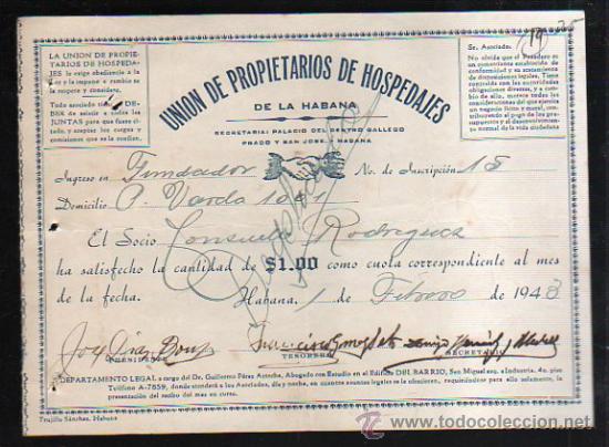 Coleccionismo: LA HABANA. UNION DE PROPIETARIOS DE HOSPEDAJES. 1943. RECIBO DE SOCIO