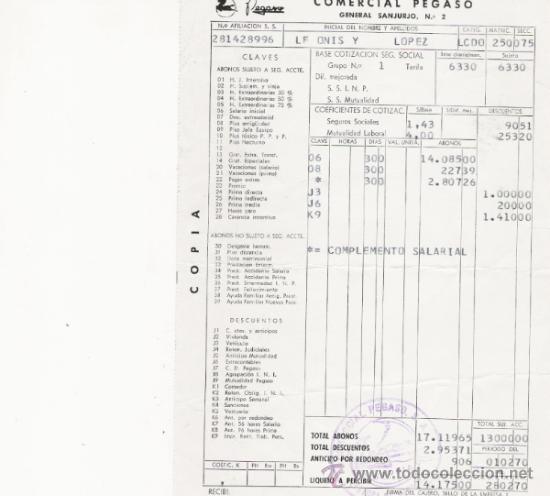Sammelleidenschaft Papier: COMERCIAL PEGASO - NOMINA DEL A&Ntilde;O 1970