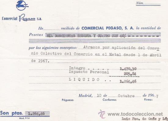 Sammelleidenschaft Papier: COMERCIAL PEGASO - RECIBO DEL A&Ntilde;O 1967