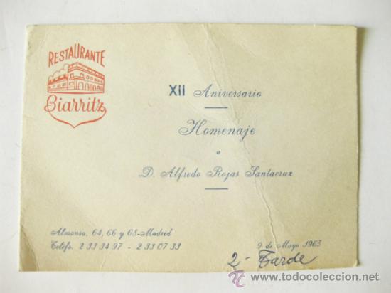 Coleccionismo: MENU DE 1965 - RESTAURANTE BIARRITZ - Foto 1
