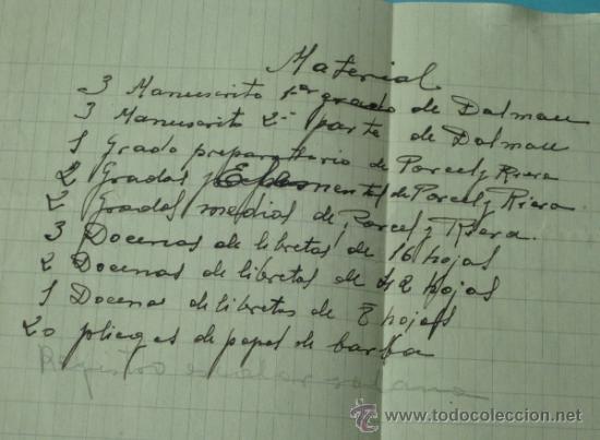 Coleccionismo: PAPEL CON RELACI&Oacute;N DE MATERIAL PARA ESCUELA - Foto 2