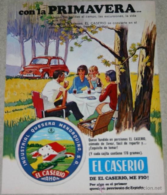 Coleccionismo: Anuncio antiguo de queso El Caserio con coche seat 600, junio de 1969
