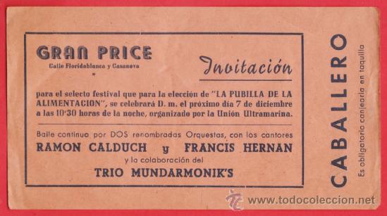 Coleccionismo: entrada / invitacion - gran price / barcelona - pubilla alimentacion - ramon calduch - a&ntilde;os 50 / 60