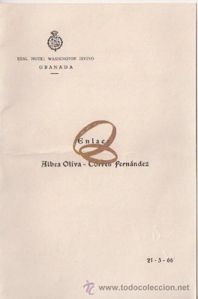 Coleccionismo: MEN&Uacute; DE BODA. REAL HOTEL WASHINGTON IRVING. GRANADA. 1966.