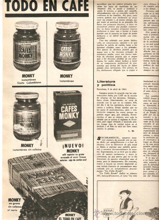 Collectionnisme: RECORTE PRENSA A&Ntilde;O 1964 PUBLICIDAD CAFE CAFES MONKY ALIMENTACION BEBIDAS