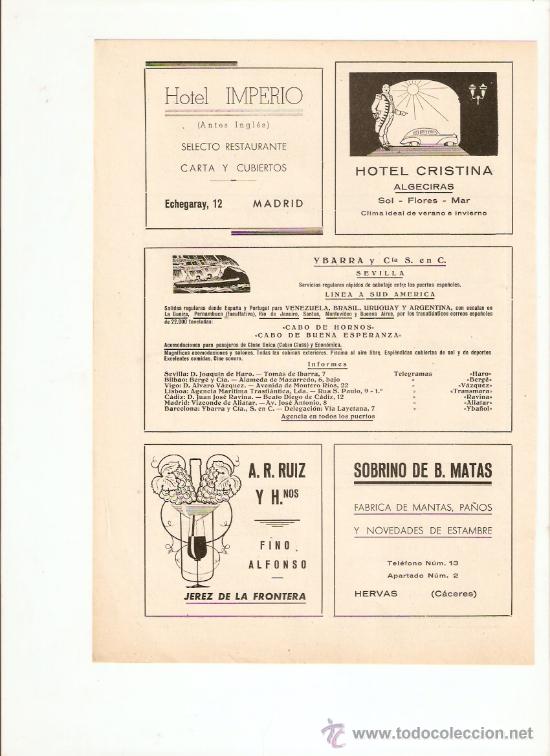 Colecionismo: A&Ntilde;O 1943 PUBLICIDAD YBARRA SEVILLA HOTEL CRISTINA ALGECIRAS MATAS HERVAS CACERES A R RUIZ FINO JEREZ