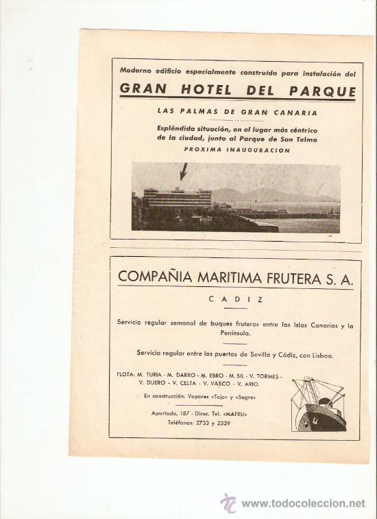 Collectionnisme: A&Ntilde;O 1943 PUBLICIDAD CADIZ COMPA&Ntilde;IA MARITIMA FRUTERA GRAN HOTEL DEL PARQUE LAS PALMAS DE GRAN CANARIA