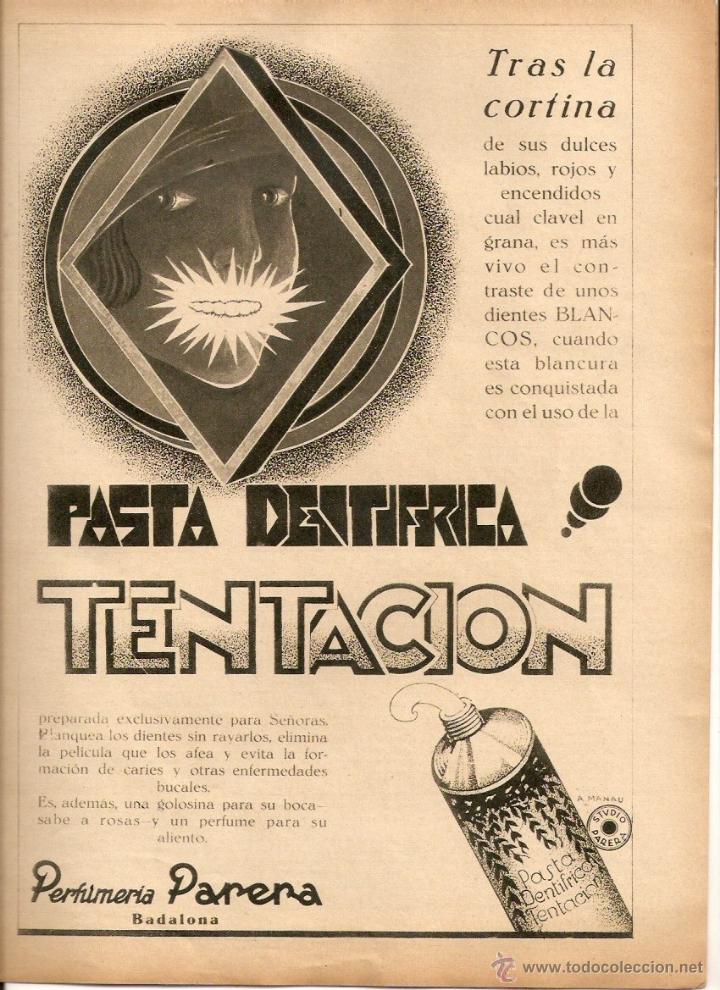 Colecionismo: A&Ntilde;O 1930 RECORTE PUBLICIDAD PASTA DENTRIFICA TENTACION PERFUMERIA PARERA BADALONA