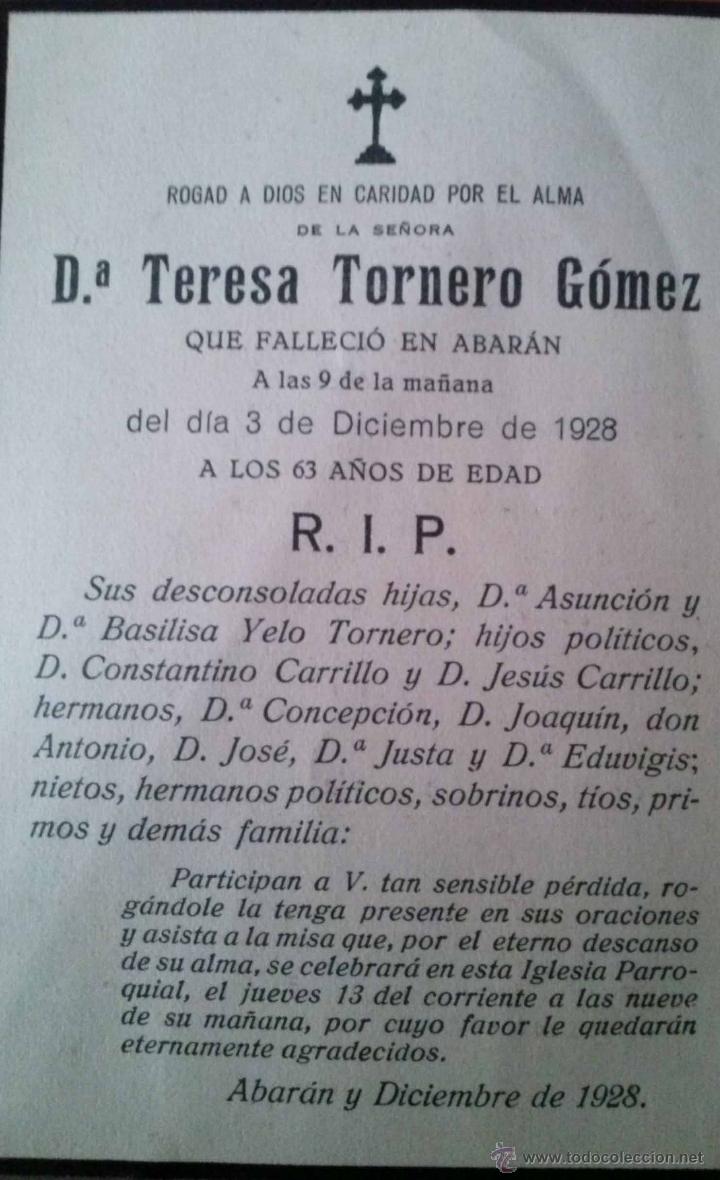 Coleccionismo: RECORDATORIO FALLECIMIENTO TERESA TORNERO GOMEZ DE ABARAN MURCIA 1928