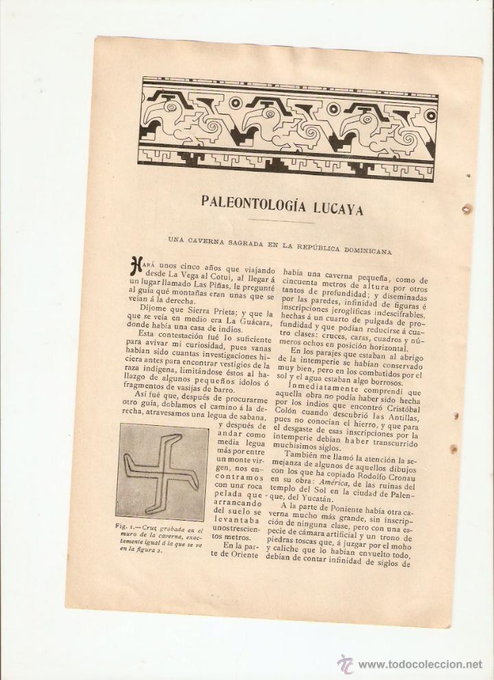 Colecionismo: A&Ntilde;O 1907 RECORTE PRENSA PALEONTOLOGIA LUCAYA CAVERNA SAGRADA REPUBLICA DOMINICANA DIBUJOS
