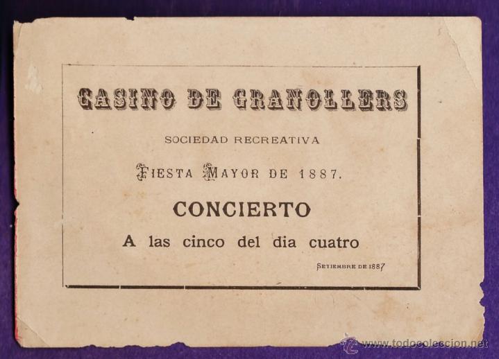 Coleccionismo: ticket / entrada - casino de granollers - concierto de fiesta mayor - a&ntilde;o 1887