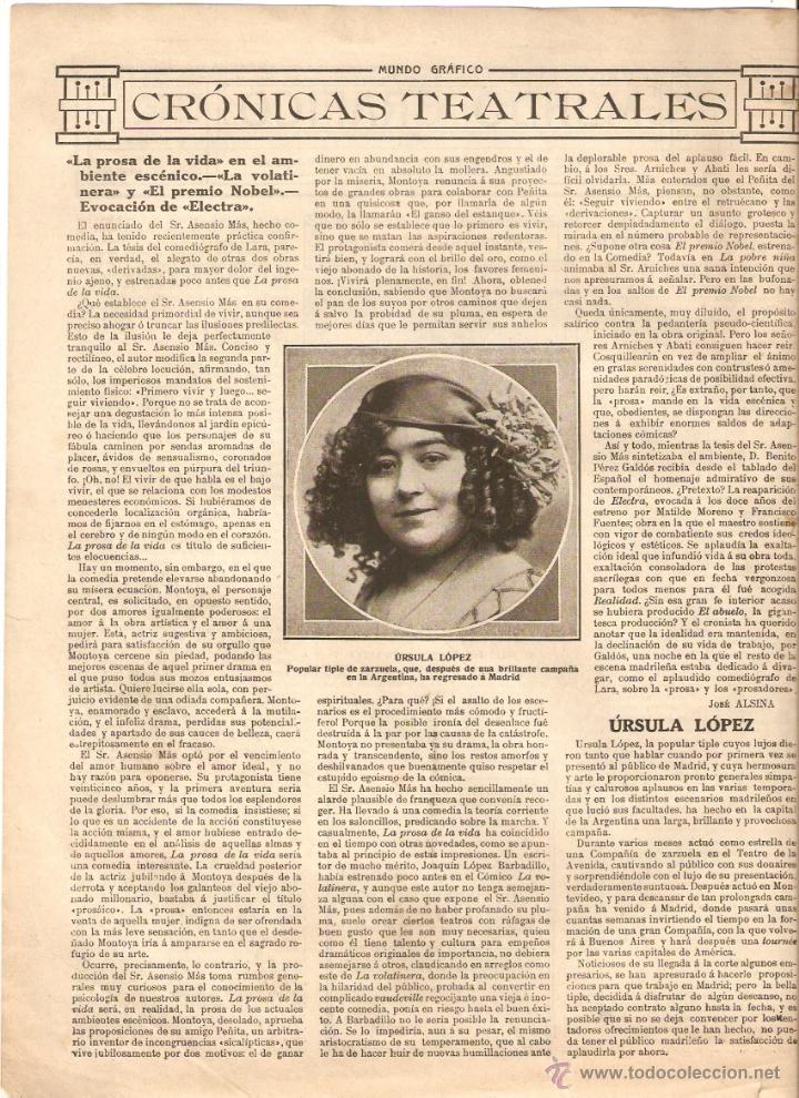 Collectionnisme: A&Ntilde;O 1913 RECORTE PRENSA URSULA LOPEZ TIPLE ZARZUELA ARTISTA