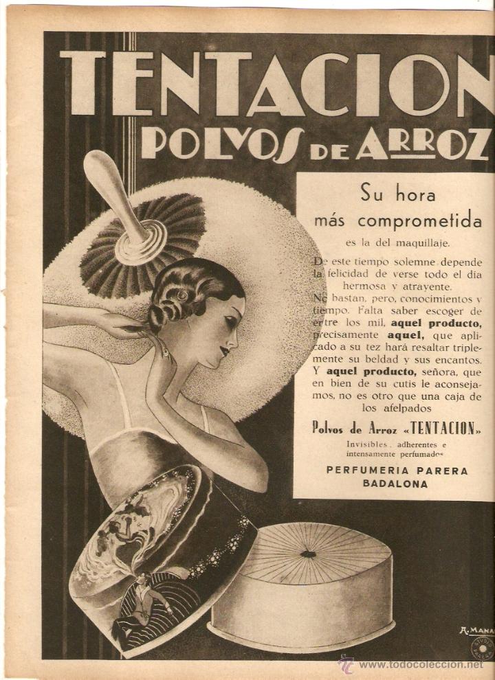 Colecionismo: A&Ntilde;O 1930 RECORTE PUBLICIDAD POLVOS DE ARROZ TENTACION PERFUMERIA PARERA BADALONA MANAU