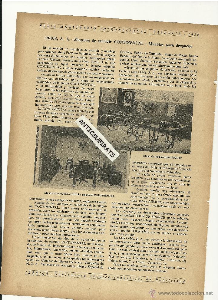 Coleccionismo: RECORTE DE PRENSA A&Ntilde;O 1925 MAQUINA DE ESCRIBIR CONTINENTAR MUEBLES ORBIS BICICLETAS ARMOR