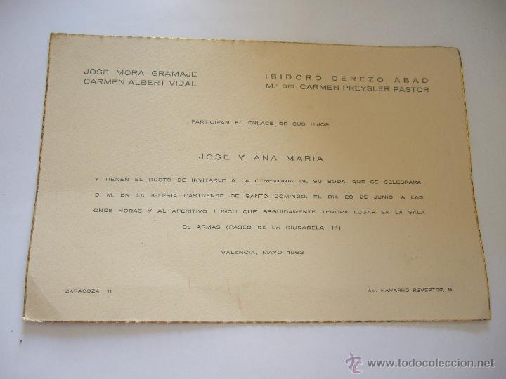 Sammelleidenschaft Papier: TARJETA DE INVITACION DE BODA - VALENCIA 1962