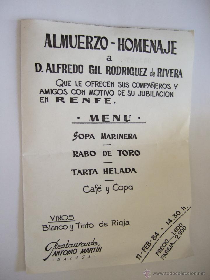 Colecionismo: DOBLE HOJA ALMUERZO HOMENAJE - JUBILACION RENFE - MALAGA