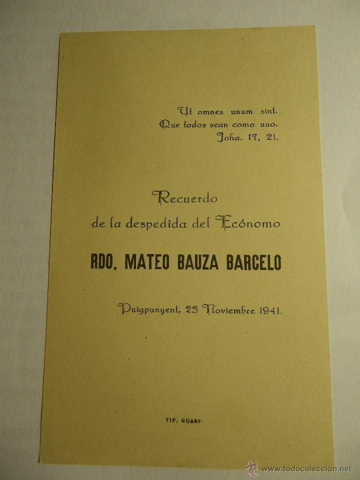 Coleccionismo: Recordatorio de la despedida del ec&oacute;nomo: RDO. Mateo Bauz&aacute;, Puigpunyent 1941.