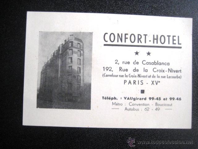 Coleccionismo: TARJETA DE VISITA HOTEL CONFORT. PARIS. A&Ntilde;OS 50. ENVIO GRATIS&iexcl;&iexcl;&iexcl;