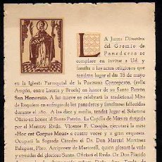 Coleccionismo: TARJETON INVITACION FIESTA PATRON GREMIO PANADEROS SAN HONORATO - IGLESIA CONCEPCION BARCELONA 1949