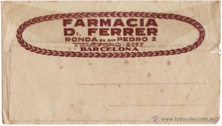 Coleccionismo: SOBRE CON RECETA MODERNISTA FARMACIA DR. FERRER - RONDA DE SAN PEDRO 2 TELEFONO 9177 BARCELONA