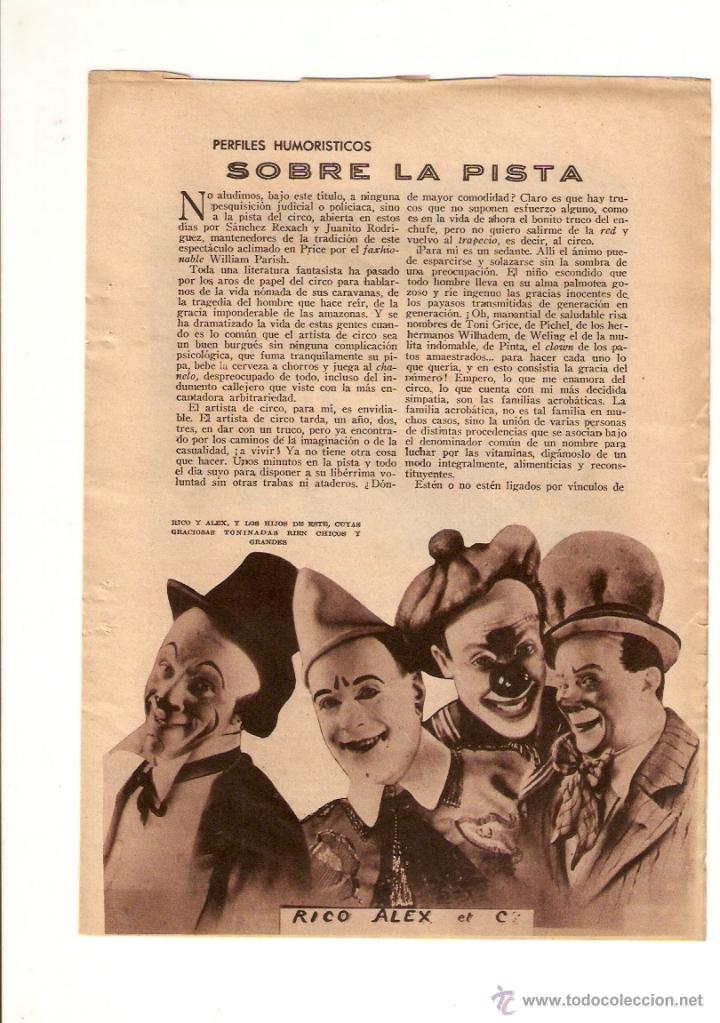 Collectionnisme: A&Ntilde;O 1934 RECORTE PRENSA PALLASOS CIRCO RICO ALEX PAYASOS