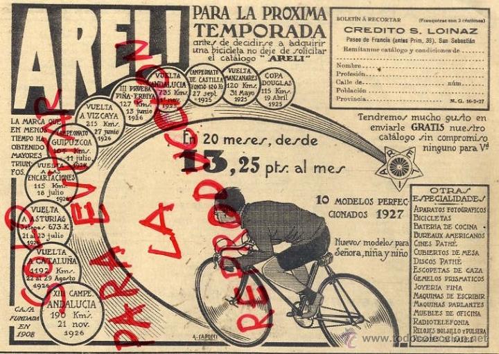 Coleccionismo: CICLISMO 1927 BICICLETAS ARELI SAN SEBASTIAN RETAL HOJA RVEISTA