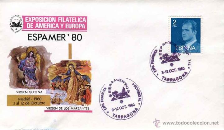 Coleccionismo: Sobre commorativo espamer 80 madrid exposicion filatelica ameria europa Virgen quitena y mareantes