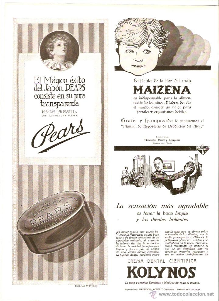 Coleccionismo: A&Ntilde;O 1922 RECORTE PRENSA PUBLICIDAD JABON PEARS MAIZENA CREMA DENTAL KOLYNOS