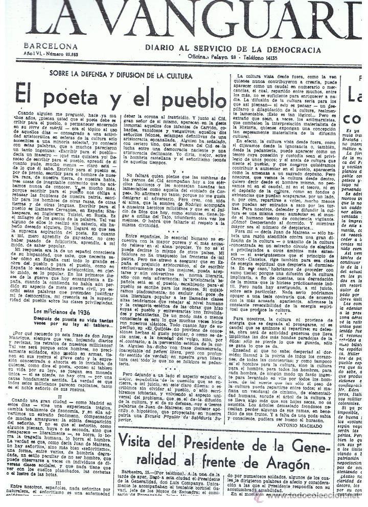 Coleccionismo: ARTICULOS PUBLICADOS POR ANTONIO MACHADO EN &ldquo;LA VANGUARDIA&rdquo; DE BARCELONA. ENTRE LOS A&Ntilde;OS: 16 JULIO 1