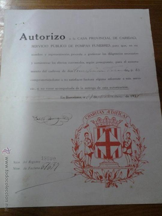 Collectionnisme: AUTORIZACION CASA PROVINCIAL DE CARIDAD POMPAS FUNEBRES BARCELONA 1931