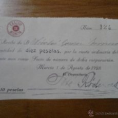 Coleccionismo: ANTIGUO RECIBO CUOTA CASINO DE MURCIA ABARAN 1928. Lote 42439685