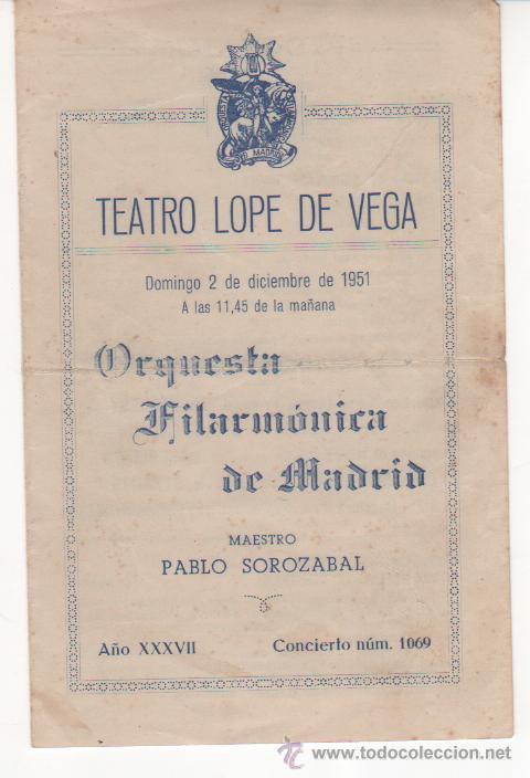 Coleccionismo: Programa d&iacute;ptico de mano del Teatro Lope de Vega. Madrid 1951. Orquesta Filarm&oacute;nica de Madrid.