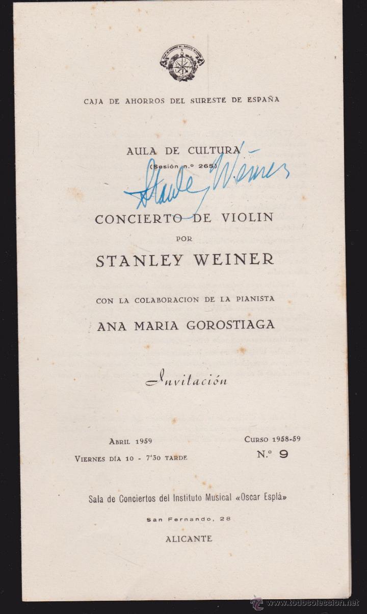 Coleccionismo: INVITACI&Oacute;N DIPTICO CONCIERTO DE VIOLIN POR STANLEY WEINER 1959 ALICANTE .