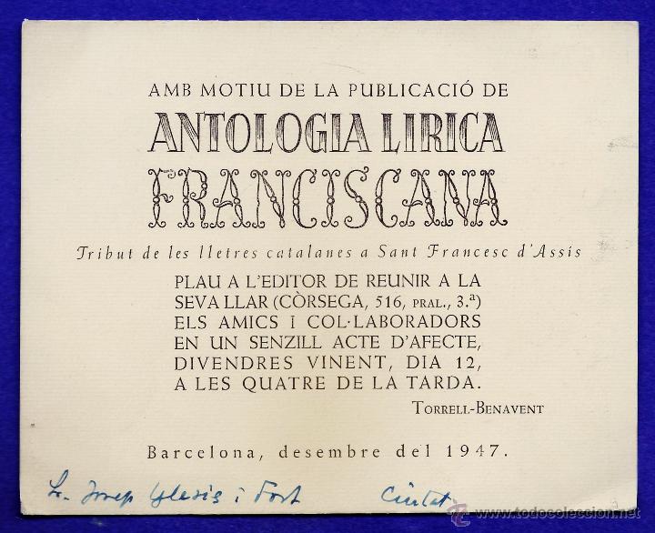 Coleccionismo: invitacion - presentacio antologia lirica franciscana a josep iglesias i fort - a&ntilde;o 1947