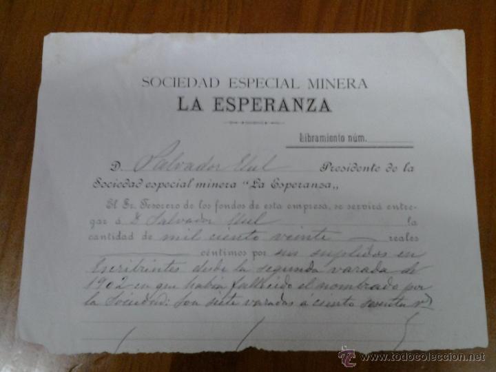 Sammelleidenschaft Papier: RECIBO SOCIEDAD ESPECIAL MINERA LA ESPERANZA 1902