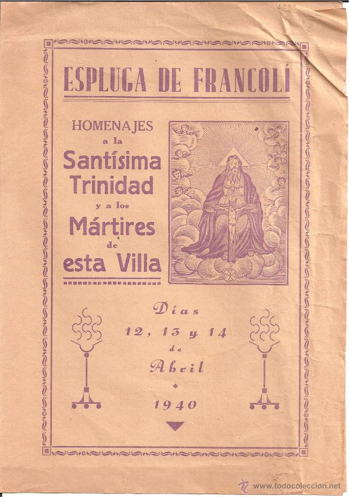 Coleccionismo: ESPLUGA DE FRANCOL&Iacute; 1940. PROGRAMA ACTOS F.E.T. Y JONS HOMENAJE A LOS CA&Iacute;DOS - Foto 1