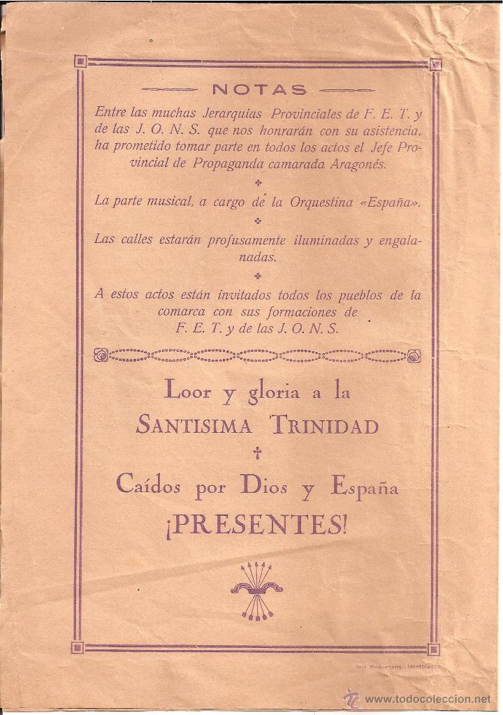 Coleccionismo: ESPLUGA DE FRANCOL&Iacute; 1940. PROGRAMA ACTOS F.E.T. Y JONS HOMENAJE A LOS CA&Iacute;DOS - Foto 2