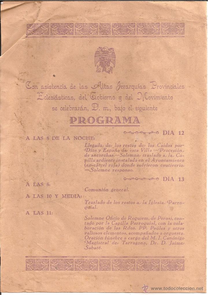Coleccionismo: ESPLUGA DE FRANCOL&Iacute; 1940. PROGRAMA ACTOS F.E.T. Y JONS HOMENAJE A LOS CA&Iacute;DOS - Foto 4