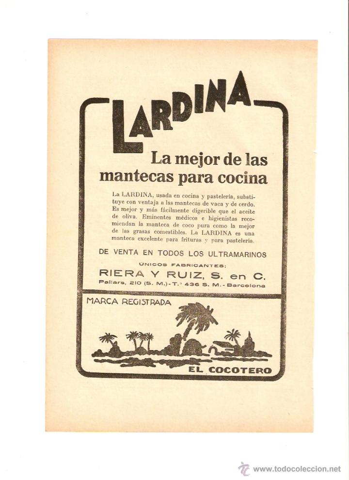 Coleccionismo: A&Ntilde;O 1923 RECORTE PUBLICIDAD LARDINA MANTECA COCINA RIERA Y RUIZ
