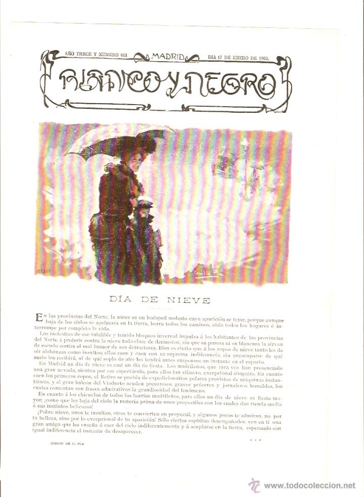 Coleccionismo: A&Ntilde;O 1903 RECORTE PRENSA RELATO CORTO DIA DE NIEVE DIBUJO PINTURA CECILIO PLA
