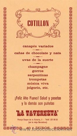 Coleccionismo: TARJETA MENU COTILLON A&Ntilde;O NUEVO - LA TAVERNETA - PASAJE DUQUE DE LA VICTORIA, 3 - BARCELONA -a&ntilde;os 70