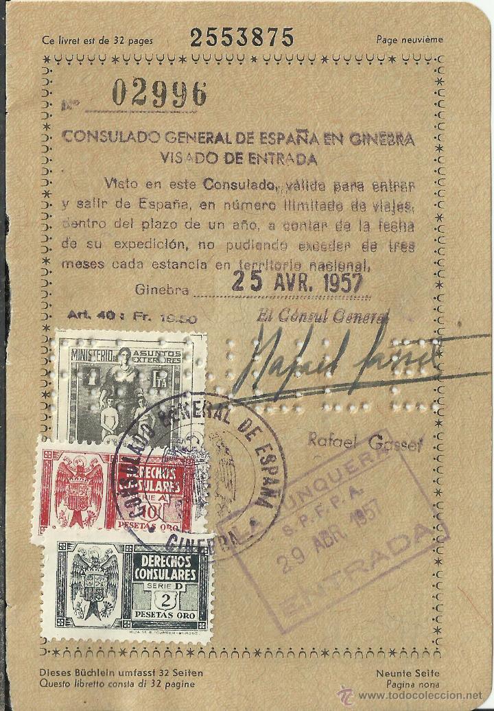 Coleccionismo: HOJA PASAPORTE CON SELLOS FISCALES CONSULADO GENERAL DE ESPA&Ntilde;A GINEBRA 1958 DERECHOS CONSULARES