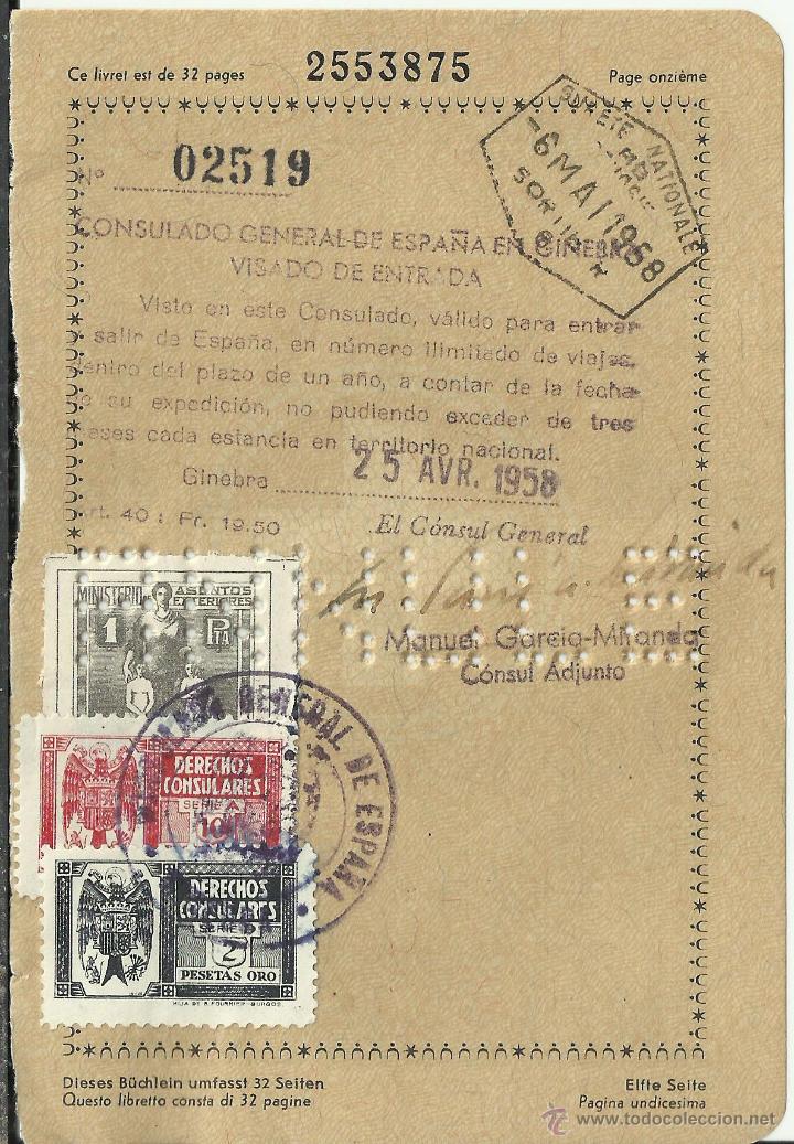 Coleccionismo: HOJA PASAPORTE CON SELLOS FISCALES CONSULADO GENERAL DE ESPA&Ntilde;A GINEBRA 1958 DERECHOS CONSULARES