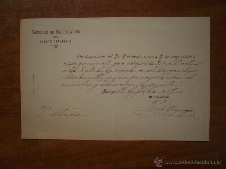 Coleccionismo: INVITACION SOCIEDAD DE PROPIETARIOS DEL TEATRO CERVANTES MALAGA A&Ntilde;O 1900 FIRMA JOSE RUIZ BORREGO