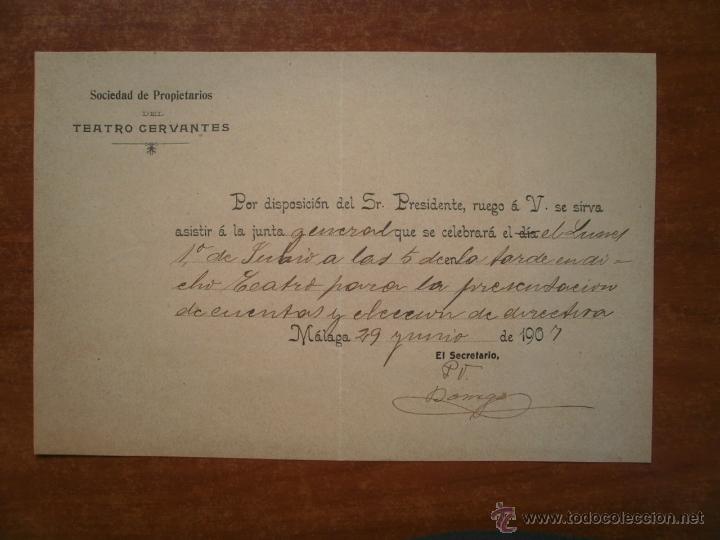 Coleccionismo: INVITACION SOCIEDAD DE PROPIETARIOS DEL TEATRO CERVANTES MALAGA A&Ntilde;O 1901 FIRMA JOSE RUIZ BORREGO