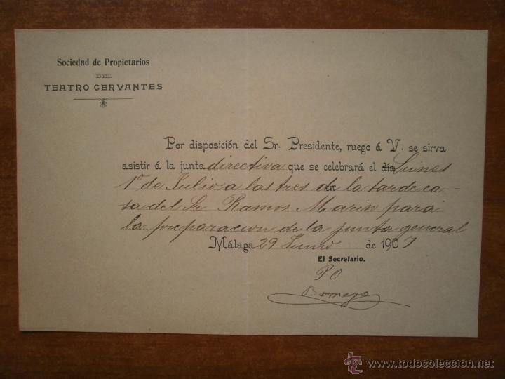 Coleccionismo: INVITACION SOCIEDAD DE PROPIETARIOS DEL TEATRO CERVANTES MALAGA A&Ntilde;O 1901 FIRMA JOSE RUIZ BORREGO